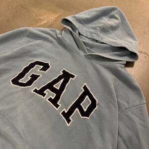 Vintage GAP Hoodie Big Spell Out Embroidered Logo Sweatshirt in Light Blue